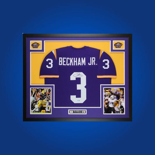 Odell Beckham Jr. Signed Full Framed Custom LSU Tigers Jersey – autographed memorabilia, electrifying receiver collectible, ideal for Tigers fans.