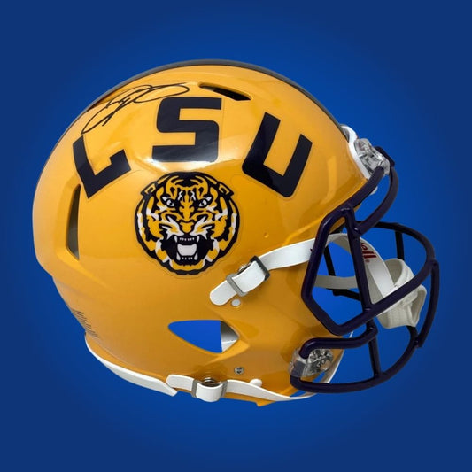 Autographed LSU Tigers full size Authentic Helmet signed by Odell Beckham, set against a clean white background. SportsMarkets product photo.