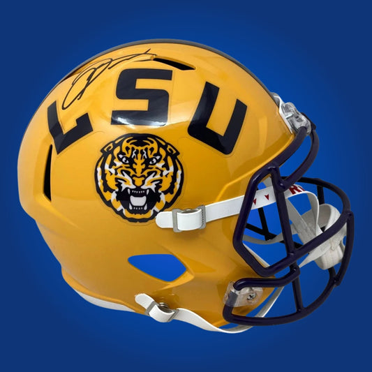 Autographed LSU Tigers full size replica helmet signed by Odell Beckham, set against a clean white background. SportsMarkets product photo.