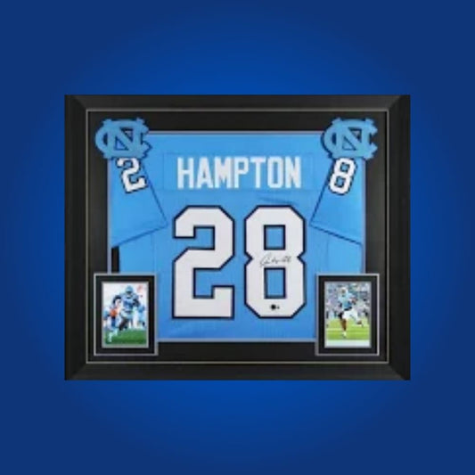 Omarion Hampton Signed Full Framed Custom North Carolina Tar Heels Jersey – autographed memorabilia, breakout running back collectible, must-have for North Carolina supporters.