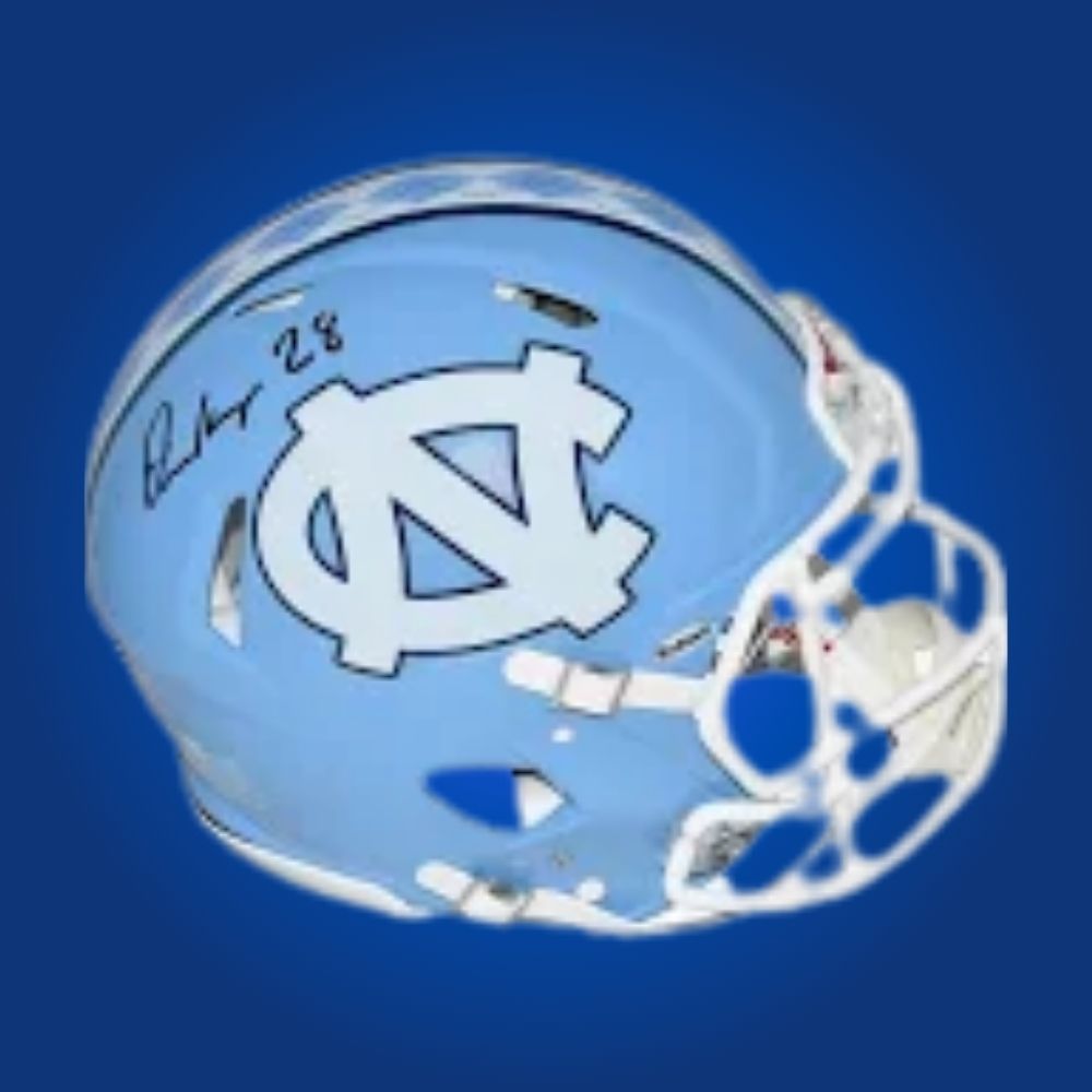 Autographed North Carolina Tar Heels full size Authentic Helmet signed by Omarion Hampton, shown against a white backdrop for clarity. SportsMarkets memorabilia photo.