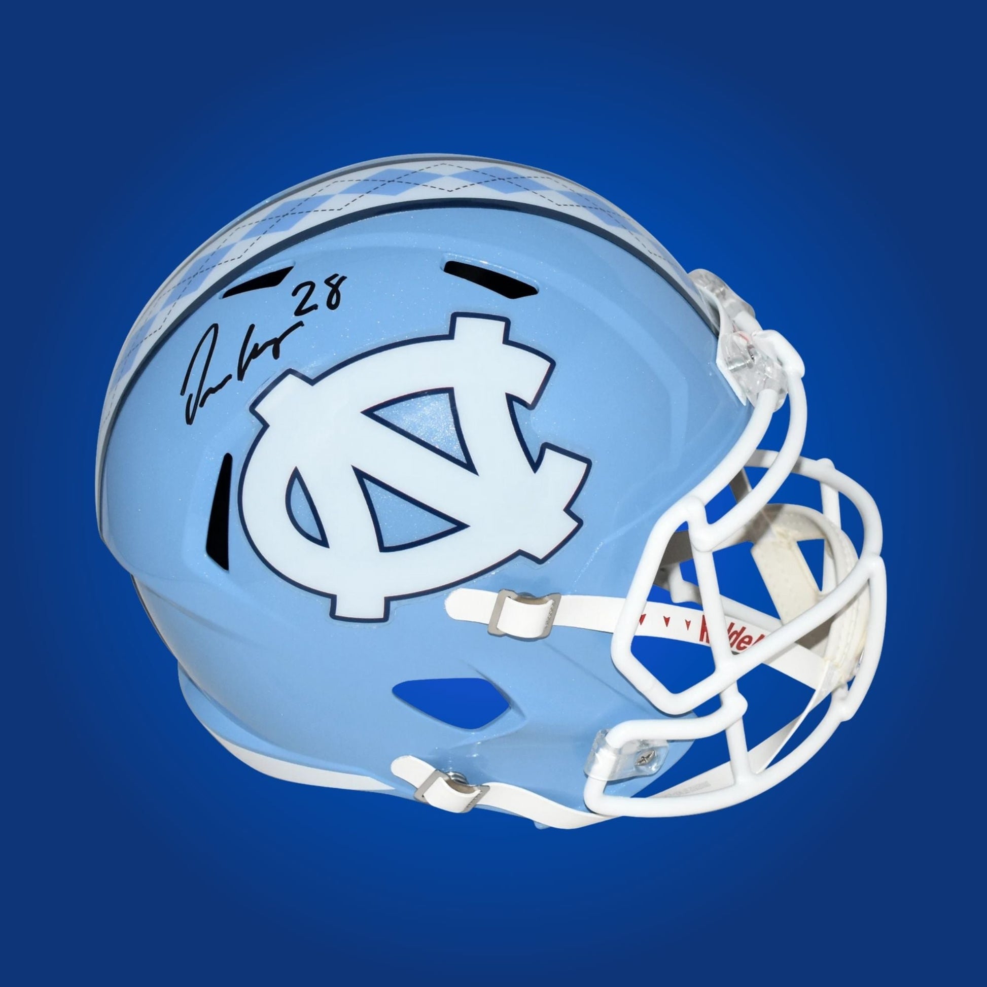 Autographed North Carolina Tar Heels full size replica helmet signed by Omarion Hampton, presented against a clean white background. SportsMarkets collectible merchandise image.