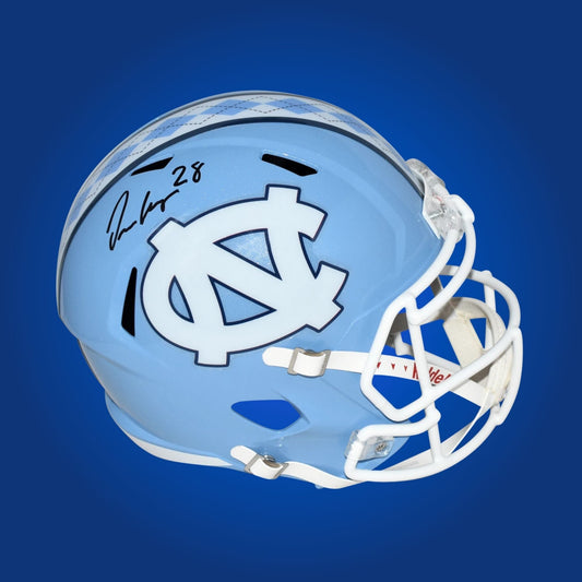 Autographed North Carolina Tar Heels full size replica helmet signed by Omarion Hampton, presented against a clean white background. SportsMarkets collectible merchandise image.