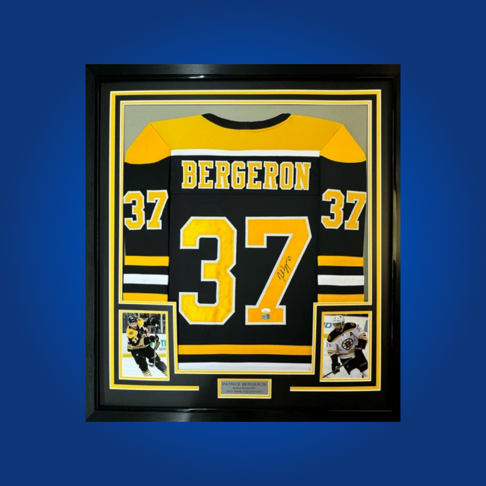 Commemorate Patrice Bergeron’s legacy with this full stat black Boston Bruins jersey, signed and framed. A centerpiece for collectors and fans of Bergeron’s decorated career in Boston.