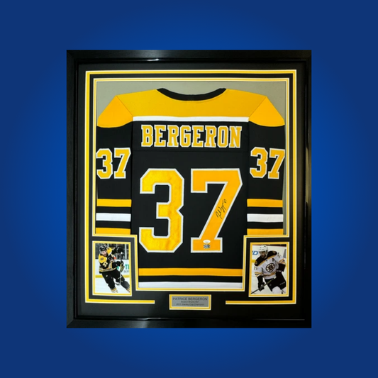 Commemorate Patrice Bergeron’s legacy with this full stat black Boston Bruins jersey, signed and framed. A centerpiece for collectors and fans of Bergeron’s decorated career in Boston.