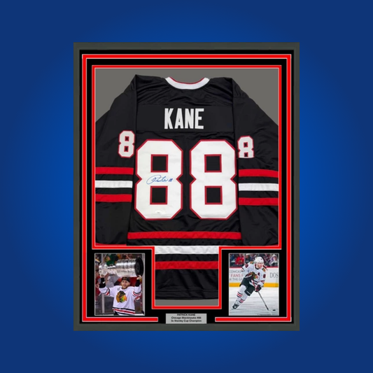 Patrick Kane’s full framed Chicago Blackhawks black jersey, signed and authenticated, is an iconic piece for collectors, honoring one of the franchise’s most celebrated players.