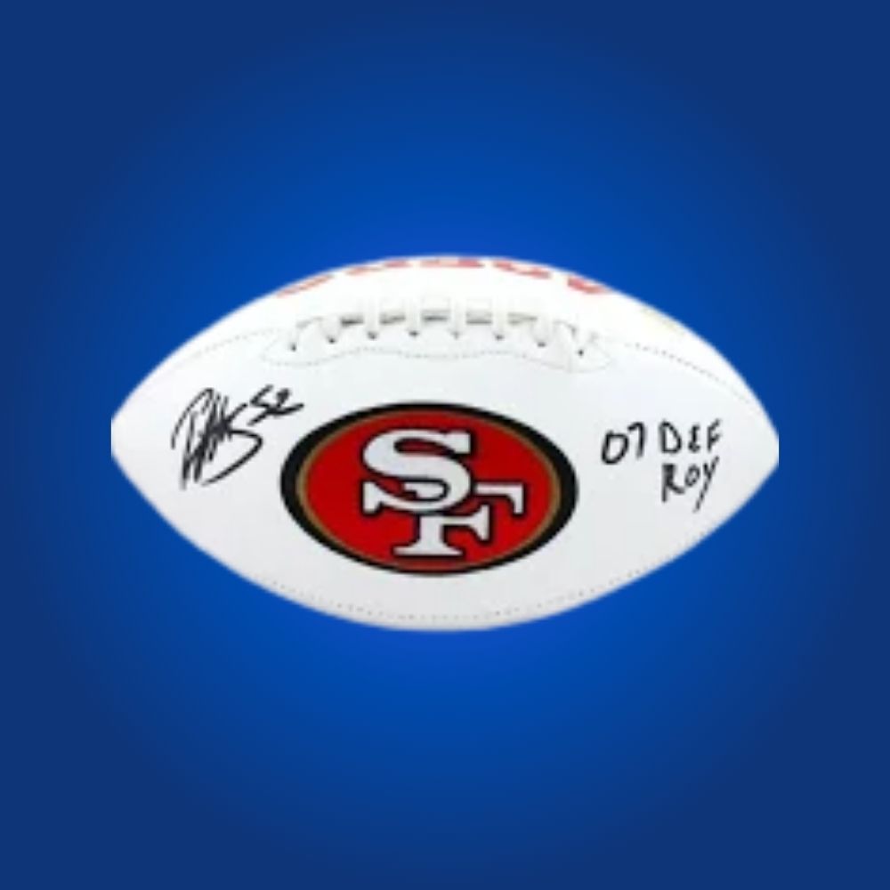 Patrick Willis autographed 49ers logo football, showcasing All-Pro linebacker’s autograph and 49ers logo.