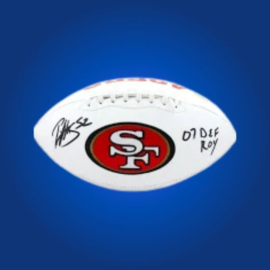 Patrick Willis autographed 49ers logo football, showcasing All-Pro linebacker’s autograph and 49ers logo.