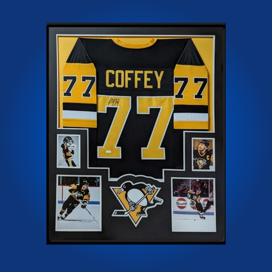 Paul Coffey’s autographed full framed Pittsburgh Penguins black jersey is a prized collectible, honoring the Hall of Fame defenseman’s dynamic play and Stanley Cup success in Pittsburgh.