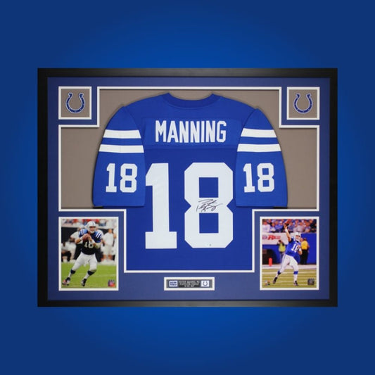 Framed Indianapolis Colts custom jersey signed by Peyton Manning with Certificate of Authenticity.
