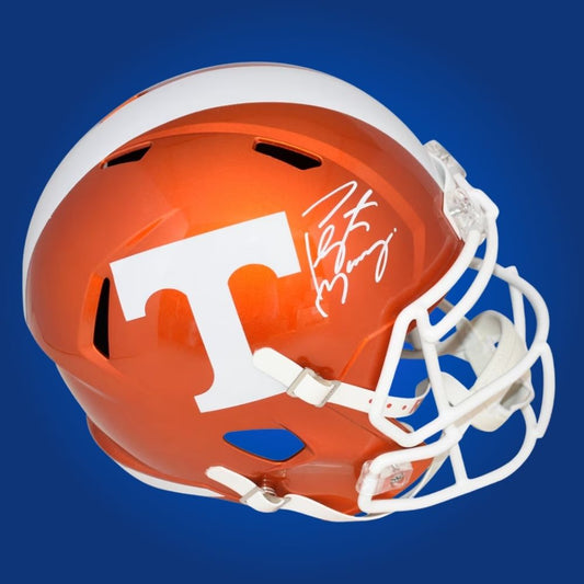 Autographed Tennessee Volunteers full size Authentic Helmet signed by Peyton Manning, showcased on a white background for product clarity. SportsMarkets exclusive memorabilia photo.