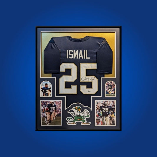 Raghib Ismail Signed Full Framed Custom Notre Dame Fighting Irish Jersey – autographed memorabilia, electrifying return specialist collectible, ideal for Fighting Irish fans.