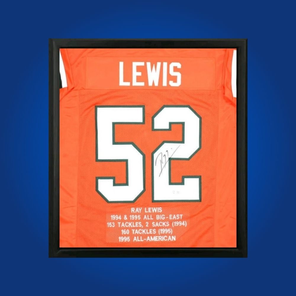 Ray Lewis hand-signed Miami Hurricanes orange stat framed jersey, showcasing signature and official team graphics. A unique collectible for Miami fans and Lewis memorabilia collectors. Includes Certificate of Authenticity. Images may differ for catalog uniformity.