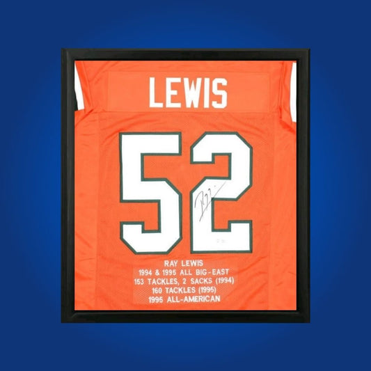 Ray Lewis hand-signed Miami Hurricanes orange stat framed jersey, showcasing signature and official team graphics. A unique collectible for Miami fans and Lewis memorabilia collectors. Includes Certificate of Authenticity. Images may differ for catalog uniformity.