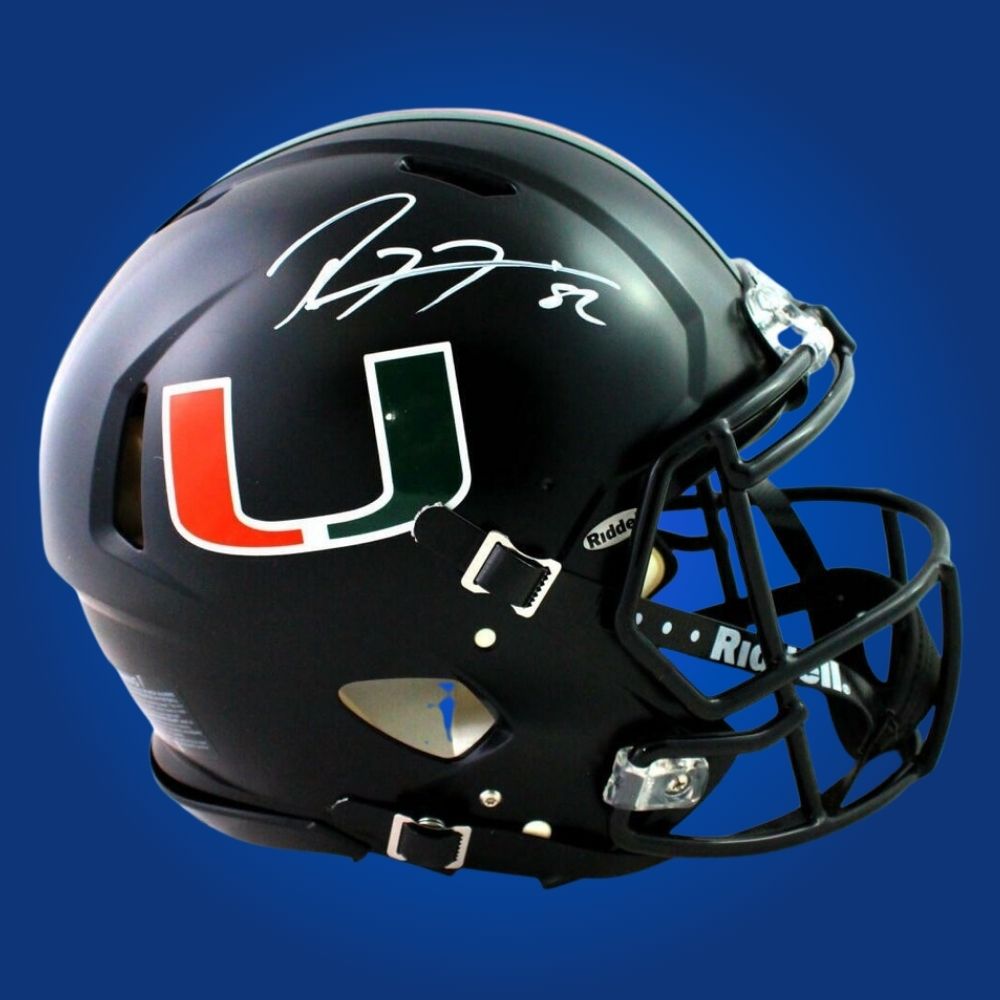 Autographed Miami Hurricanes full size Authentic Helmet signed by Ray Lewis, presented against a white backdrop for clarity. SportsMarkets memorabilia product photo.