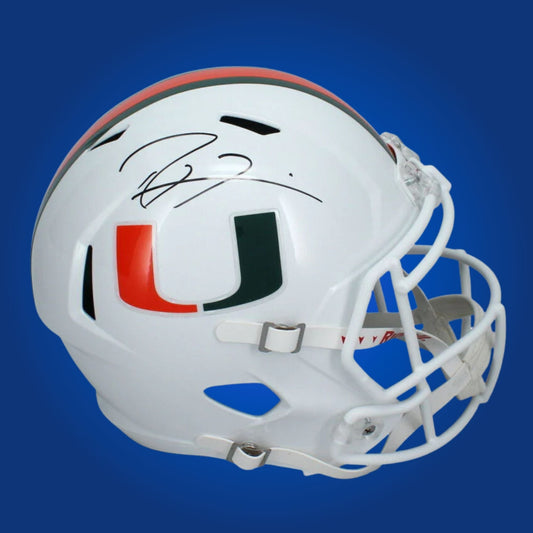 Autographed Miami Hurricanes full size replica helmet signed by Ray Lewis, presented against a white backdrop for clarity. SportsMarkets memorabilia product photo.