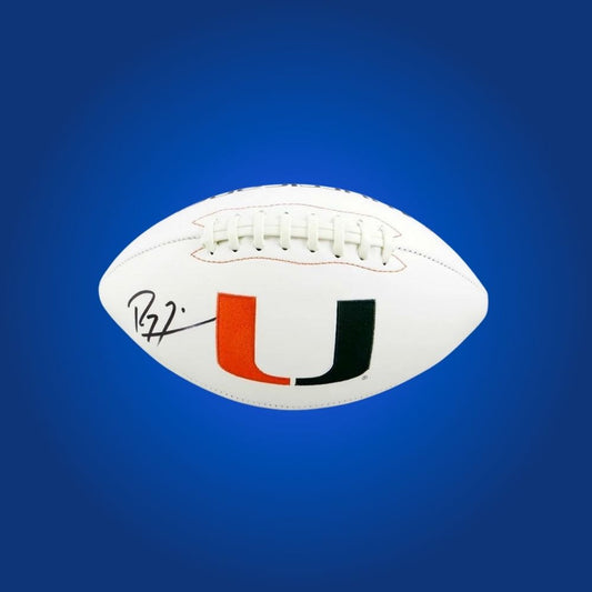 Ray Lewis autographed Miami Hurricanes white logo football, perfect collectible for passionate Hurricanes fans and memorabilia enthusiasts.