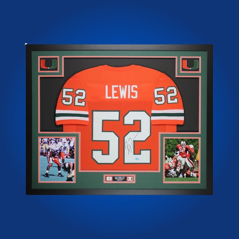Ray Lewis Signed Full Framed Custom Miami Hurricanes Jersey – autographed memorabilia, Hall of Fame linebacker collectible, a must-have for Miami fans.