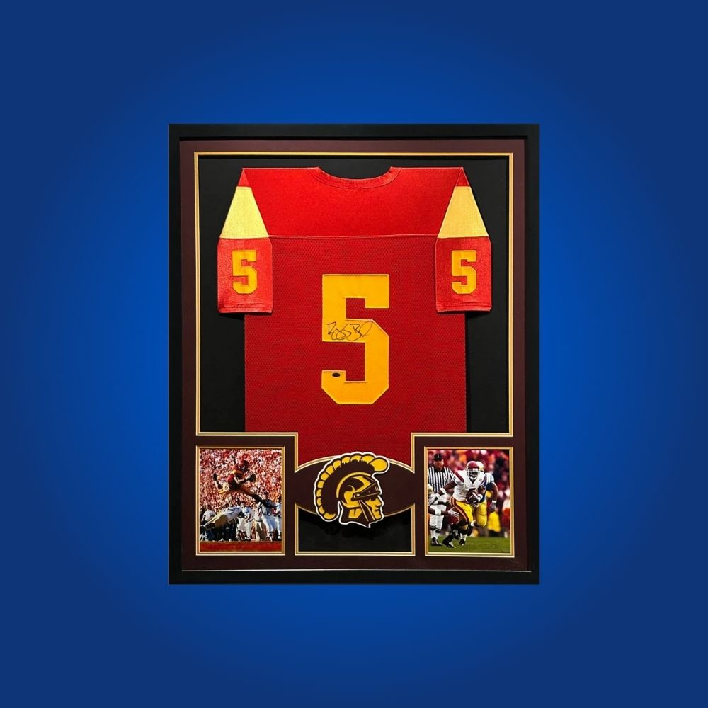 Reggie Bush Signed Full Framed Custom USC Trojans Jersey – autographed memorabilia, electrifying running back collectible, centerpiece for Trojans fans.