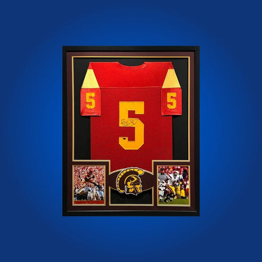 Reggie Bush Signed Full Framed Custom USC Trojans Jersey – autographed memorabilia, electrifying running back collectible, centerpiece for Trojans fans.