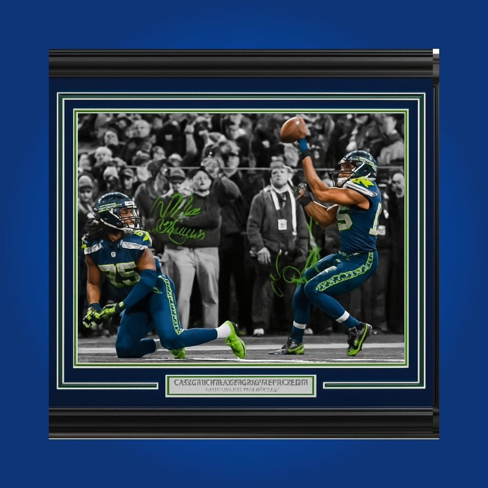 Richard Sherman and Malcolm Smith hand-signed framed 16x20 Seattle Seahawks photo, showcasing signatures and official team graphics. A unique collectible for Seahawks fans and memorabilia collectors. Includes Certificate of Authenticity. Images may differ for catalog uniformity.