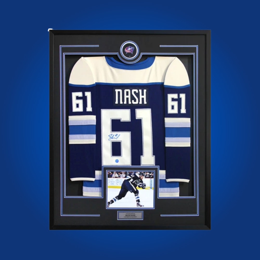Rick Nash’s signed full framed Columbus Blue Jackets navy blue jersey commemorates the career of the franchise’s first superstar, making it a treasured addition for any serious hockey collection.