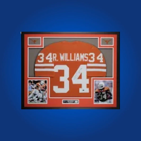 Ricky Williams Signed Full Framed Custom Texas Longhorns Jersey – autographed memorabilia, Heisman Trophy winner collectible, essential for Texas fans.