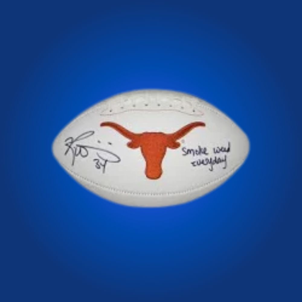 Autographed full size replica football by Ricky Williams, featuring Texas Longhorns white logo. Certified authentic, a must-have for Longhorns fans and memorabilia enthusiasts. Includes Certificate of Authenticity. Ball details may vary for catalog consistency.
