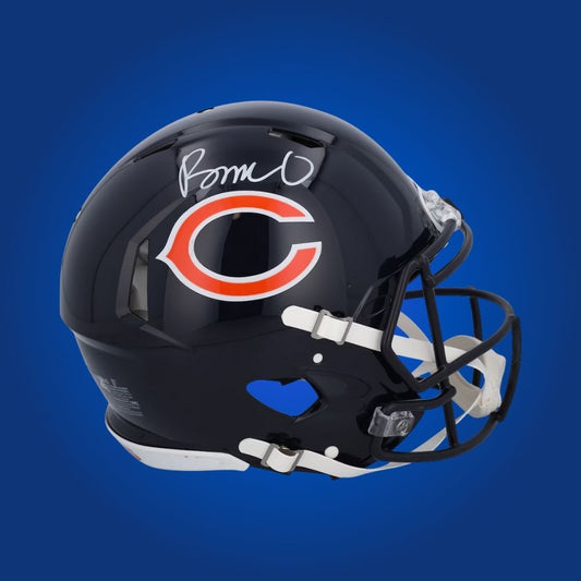 Rome Odunze hand-signed Chicago Bears authentic helmet, showcasing signature and official team graphics. A unique collectible for Bears fans and Odunze memorabilia collectors. Includes Certificate of Authenticity. Images may differ for catalog uniformity.