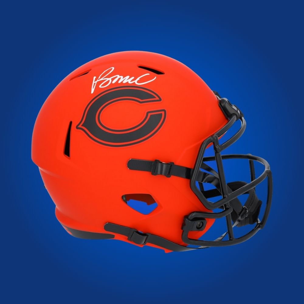 Rome Odunze hand-signed Chicago Bears replica helmet, showcasing signature and official team graphics. A unique collectible for Bears fans and Odunze memorabilia collectors. Includes Certificate of Authenticity. Images may differ for catalog uniformity.