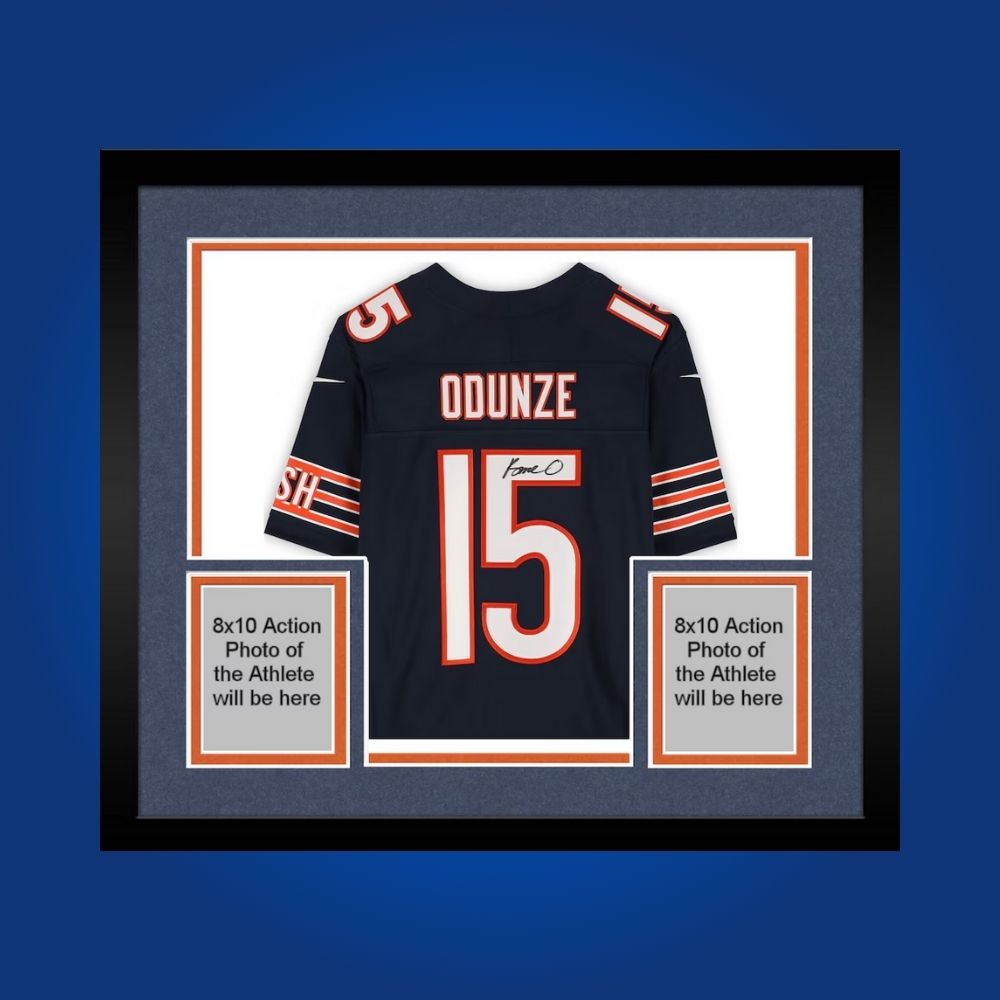 Rome Odunze hand-signed Chicago Bears framed jersey, showcasing signature and official team graphics. A unique collectible for Bears fans and Odunze memorabilia collectors. Includes Certificate of Authenticity. Images may differ for catalog uniformity.