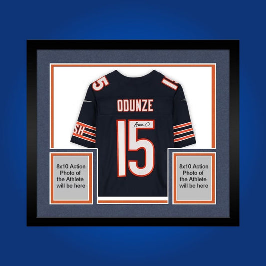 Rome Odunze hand-signed Chicago Bears framed jersey, showcasing signature and official team graphics. A unique collectible for Bears fans and Odunze memorabilia collectors. Includes Certificate of Authenticity. Images may differ for catalog uniformity.