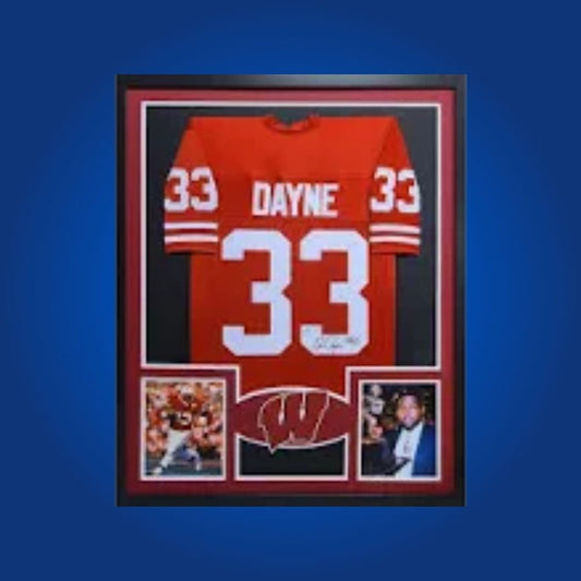 Ron Dayne Signed Full Framed Custom Wisconsin Badgers Jersey – autographed memorabilia, record-breaking running back collectible, centerpiece for Badgers fans.