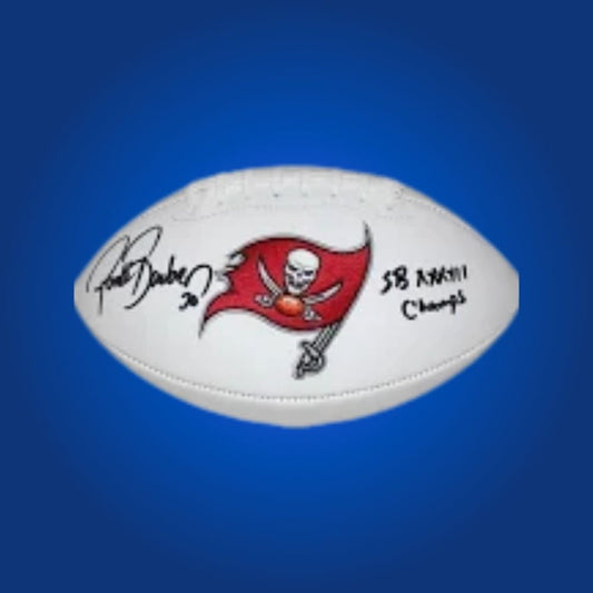 Ronde Barber signed Buccaneers logo football, showcasing legendary cornerback’s signature and team logo.