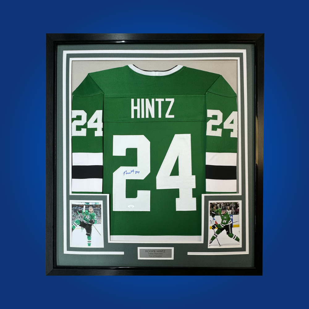Roope Hintz’s signed full framed Dallas Stars green jersey is an excellent collectible for fans, showcasing the skill and contributions of a talented forward in Dallas’ lineup.
