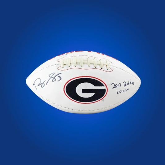 Roquan Smith autographed Georgia Bulldogs white logo football, collectible item for Bulldogs fans and memorabilia enthusiasts.