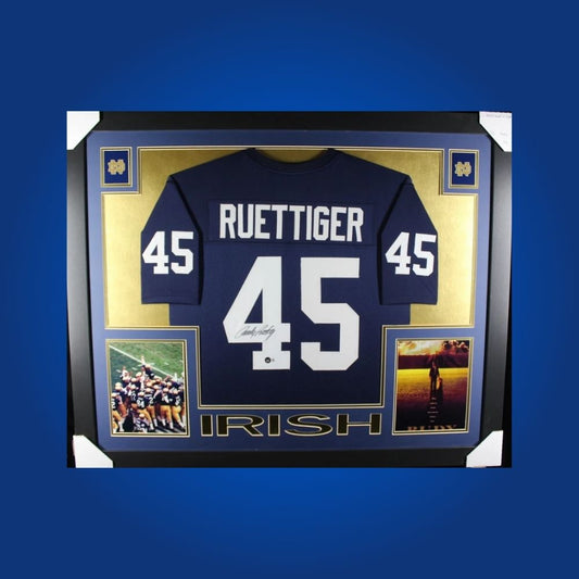 Rudy Ruettiger Signed Full Framed Custom Notre Dame Fighting Irish Jersey – autographed memorabilia, inspirational underdog collectible, iconic for Fighting Irish fans.