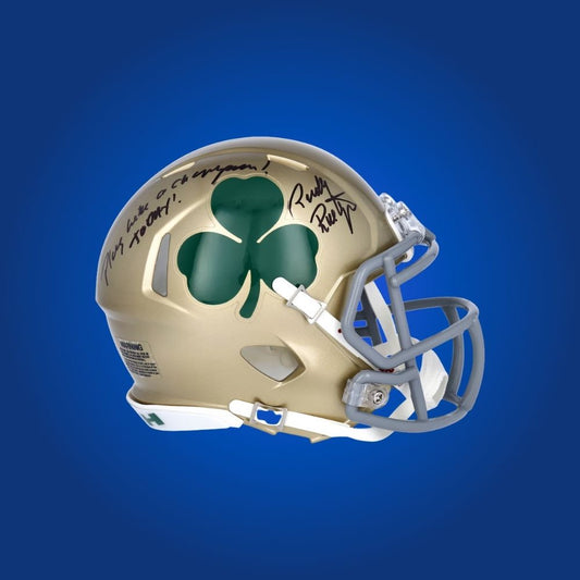 Rudy Ruettiger signed Notre Dame Fighting Irish mini helmet—must-have for Notre Dame supporters and Rudy fans.