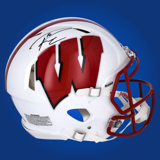 Autographed full size Authentic Helmet by Russell Wilson, Wisconsin Badgers quarterback, presented against a clean white backdrop for a professional memorabilia display. Ideal for collectors and Badgers fans. SportsMarkets product photo.
