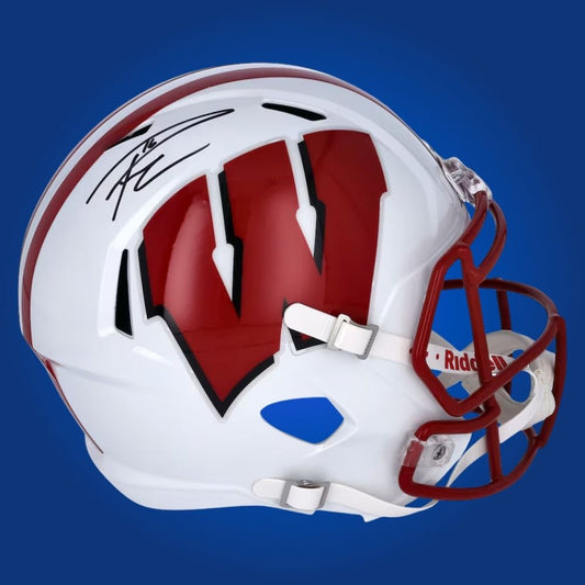 Autographed full size replica helmet by Russell Wilson, Wisconsin Badgers quarterback, presented against a clean white backdrop for a professional memorabilia display. Ideal for collectors and Badgers fans. SportsMarkets product photo.