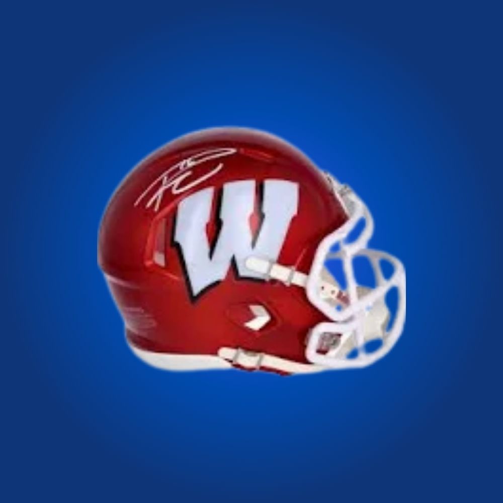 Russell Wilson signed Wisconsin Badgers mini helmet—coveted collectible for Badgers fans and Wilson enthusiasts.