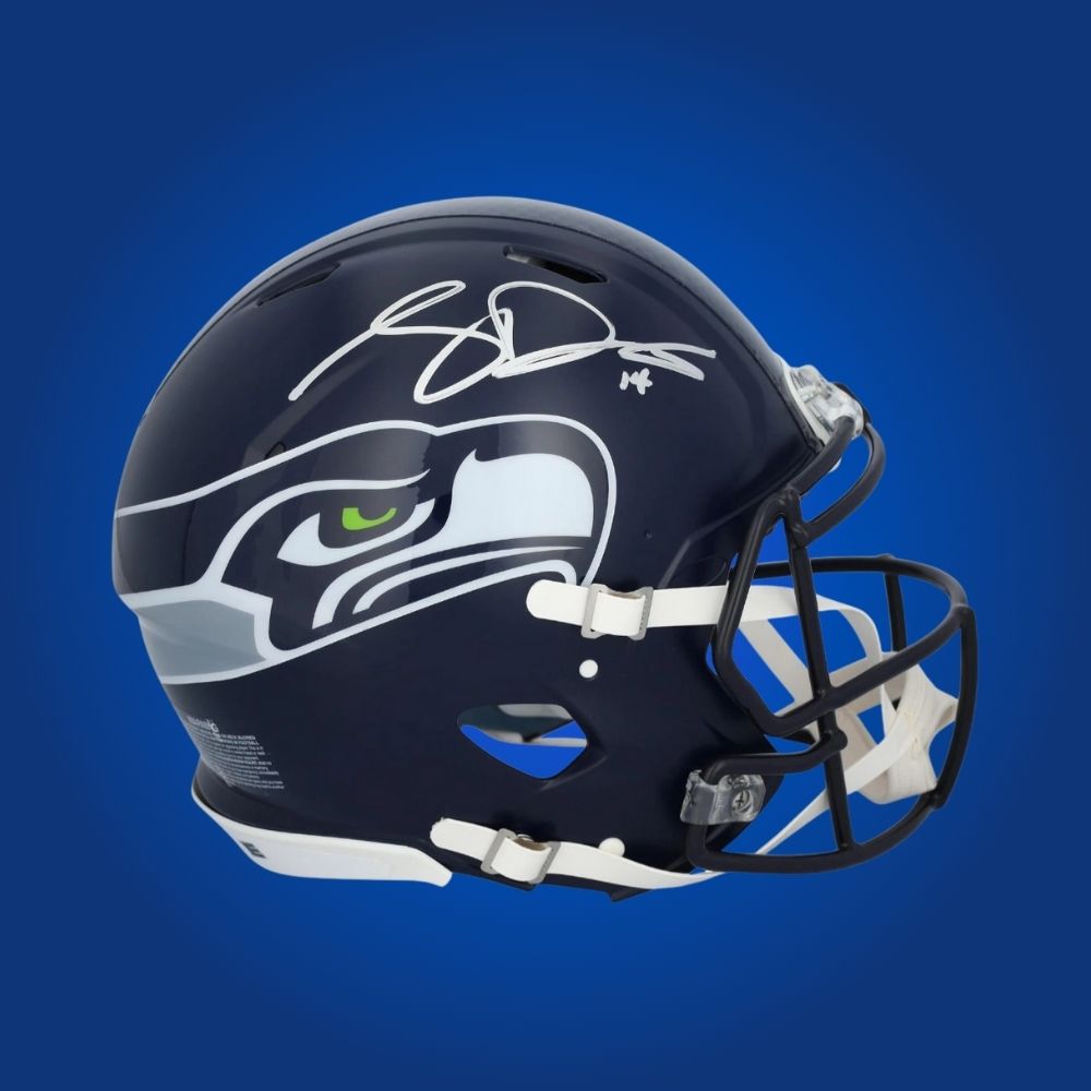 Sam Darnold hand-signed blue authentic Seattle Seahawks helmet, showcasing signature and official team graphics. A unique collectible for Seahawks fans and Darnold memorabilia collectors. Includes Certificate of Authenticity. Images may differ for catalog uniformity.