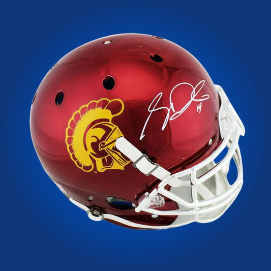 Autographed full size Authentic Helmet by Sam Darnold, former USC Trojans star quarterback, displayed on a clean white background for catalog clarity. A top collectible for Trojans enthusiasts. SportsMarkets memorabilia photo.