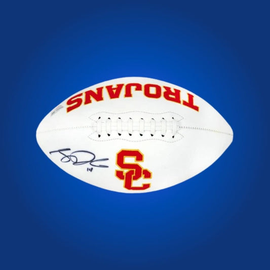 Autographed full size replica football by Sam Darnold, featuring USC Trojans white logo. Certified authentic, a prized collectible for USC fans and sports memorabilia collectors. Certificate of Authenticity included. Ball details may vary for catalog consistency.