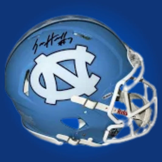 Autographed North Carolina Tar Heels full size Authentic Helmet signed by Sam Howell, presented on a clean white background. SportsMarkets product image.