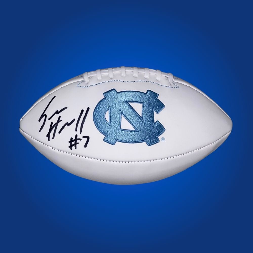 Sam Howell autographed North Carolina Tar Heels white logo football, authentic memorabilia for Tar Heels fans and collectors.