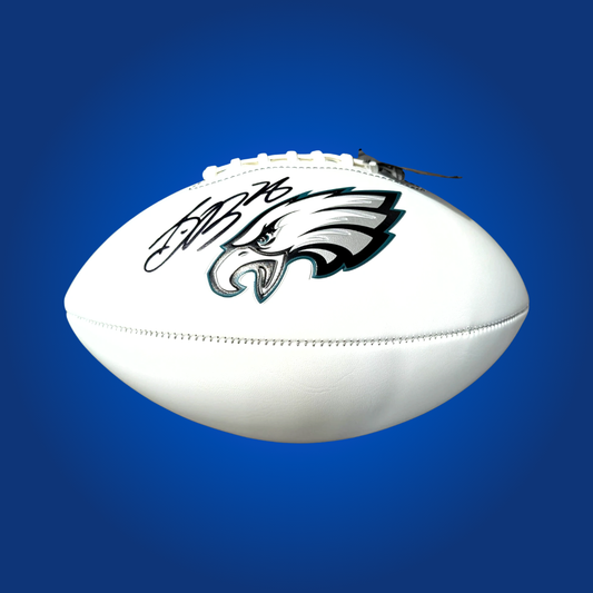 Saquon Barkley signed Philadelphia Eagles logo football, featuring his autograph, ideal for Eagles supporters.
