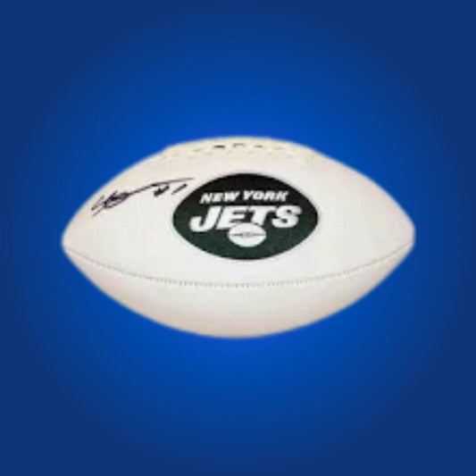 Sauce Gardner signed New York Jets logo football, signature and team logo showcased.