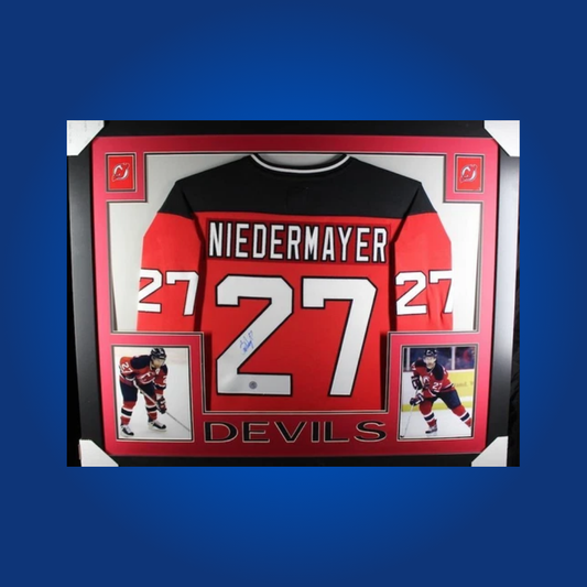 Scott Niedermayer’s signed full framed New Jersey Devils red jersey commemorates the Hall of Fame defenseman’s championship legacy and is essential for any serious Devils memorabilia collection.