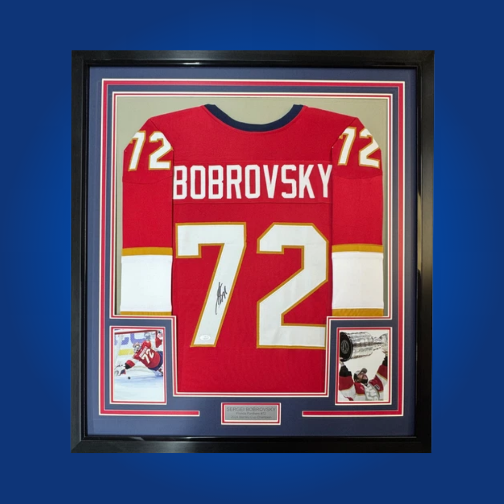 Sergei Bobrovsky’s full framed Florida Panthers red jersey, personally autographed, is a premium collectible for fans of elite goaltenders and Panthers supporters alike.